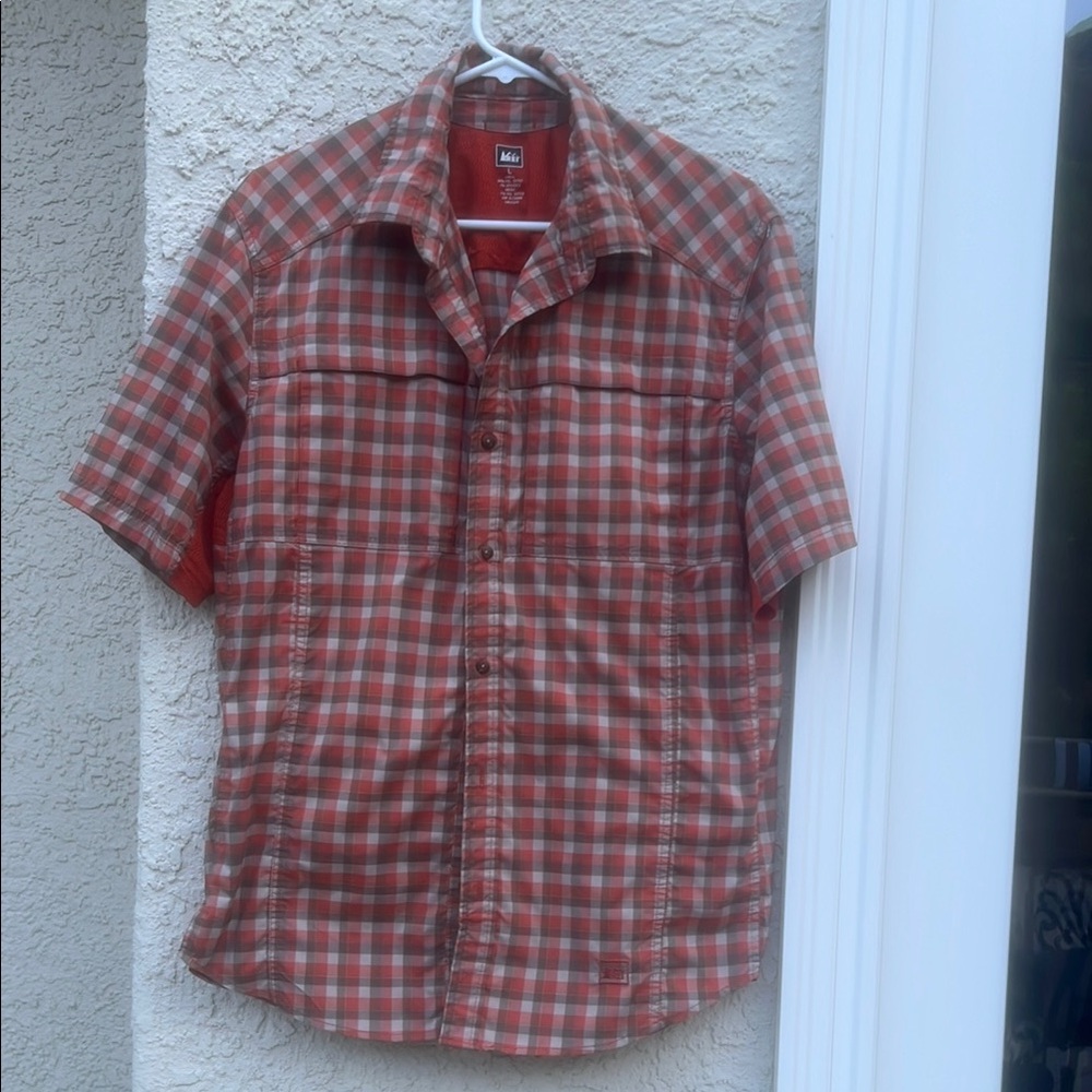 REI Orange Plaid Vented Hiking Short Sleeve Men's Button up Shirt Size L